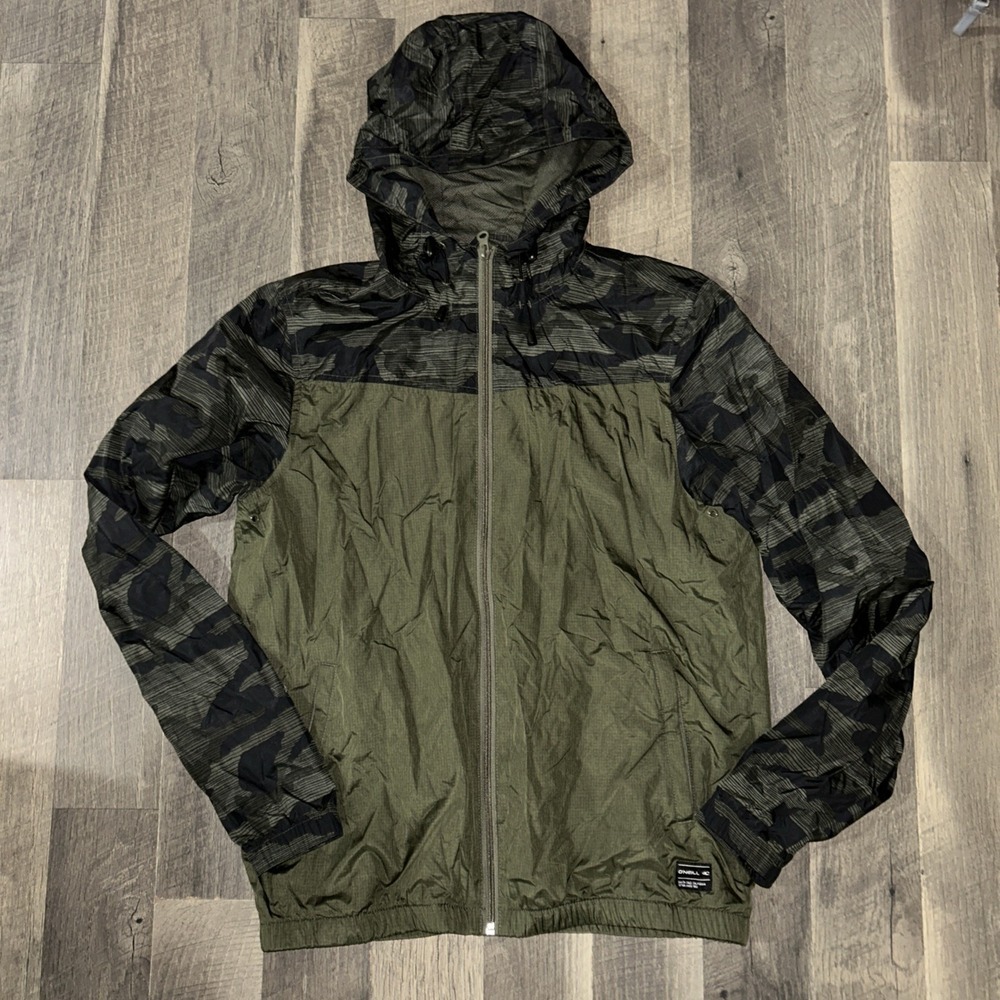 O'neill Camo Windbreaker Jacket Men's Size SM Green Full Zip Vented Surf Pre Own